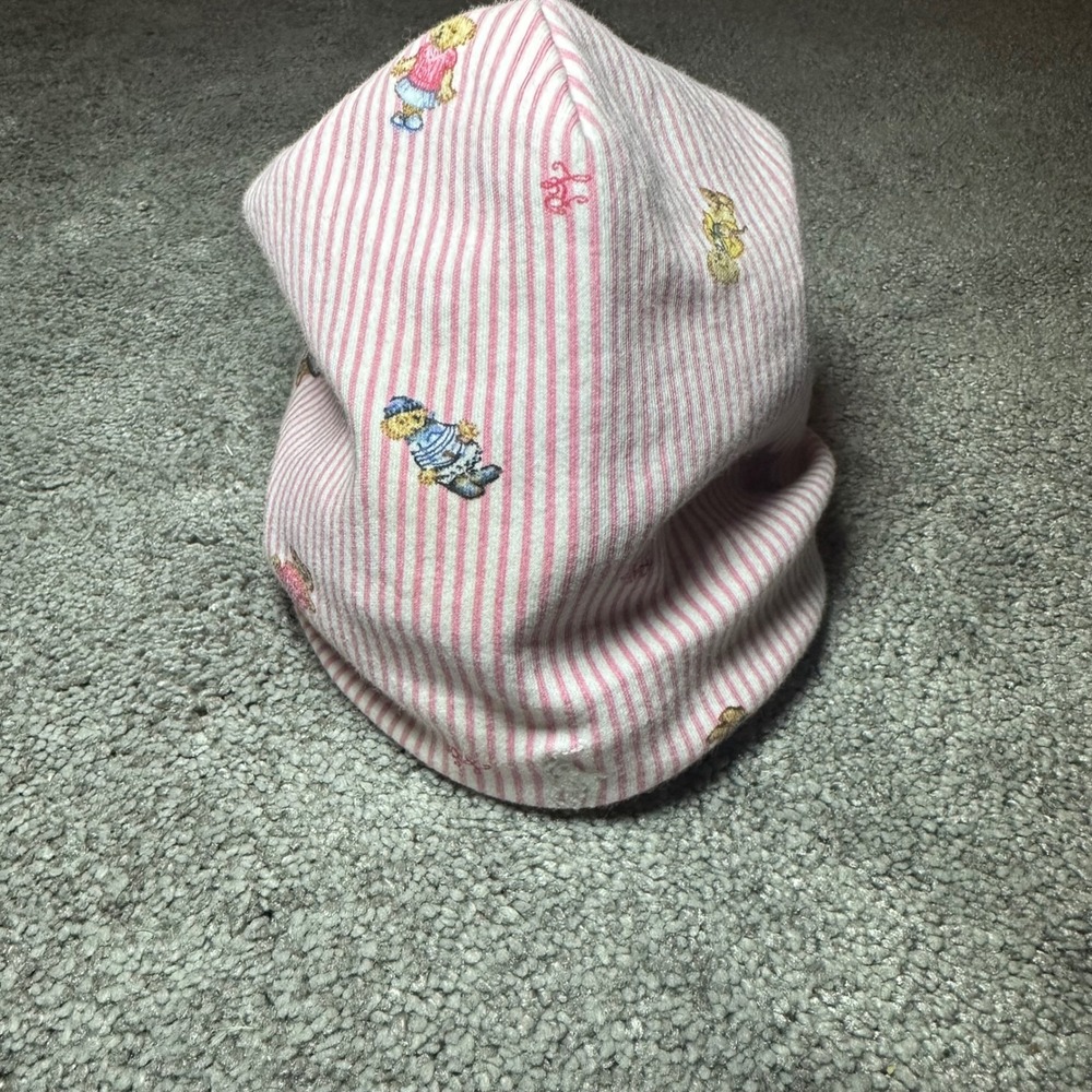 Ralph Lauren Polo Bear Beanie Girls 3-9M Pink Stripe Cotton Hat - Picture 3 of 9